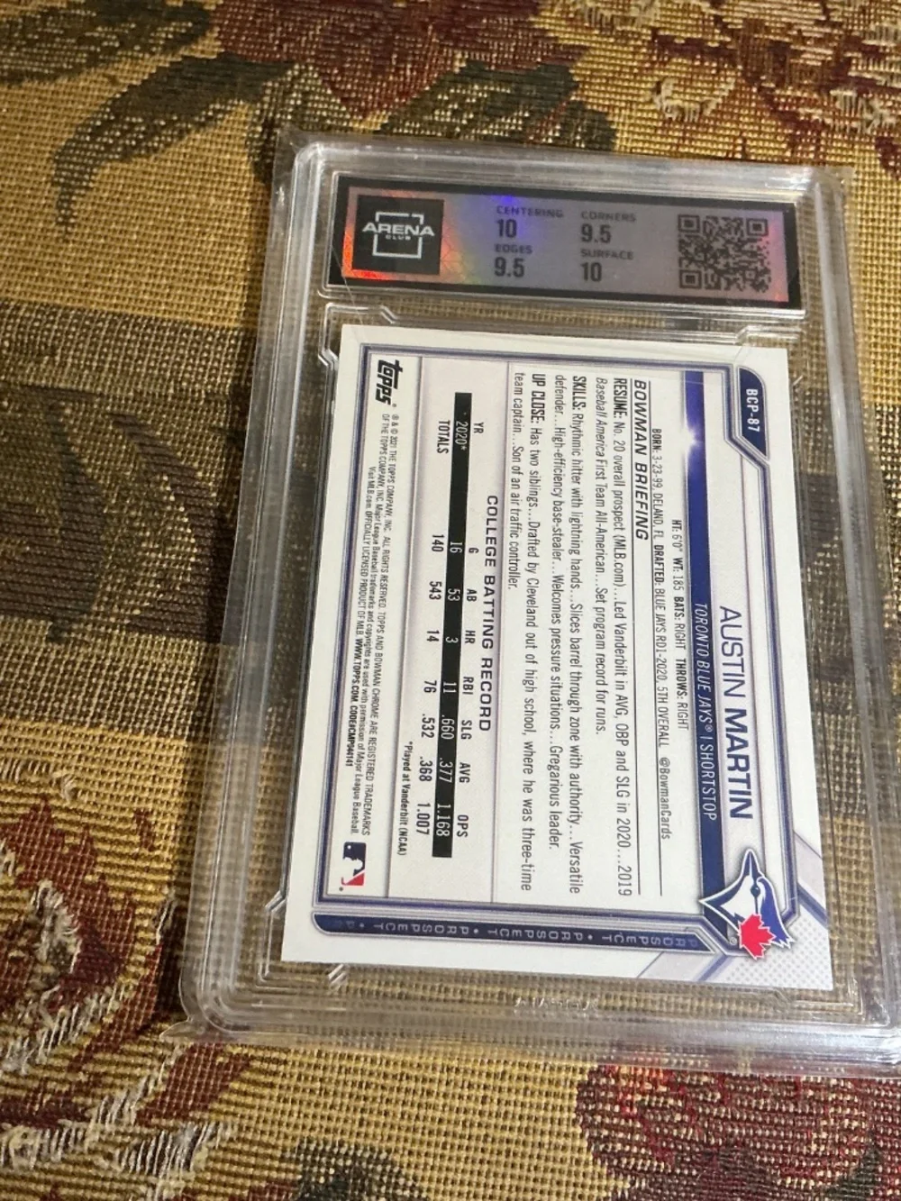2021 Bowman Chrome Pros. Austin Martin BCP-87 Atomic Refractor Graded Arena 10